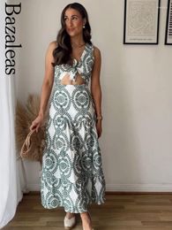 Casual Dresses Bazaleas Bohimian Embroidery Green Floral Dress Woman Store Cut Out Knot Midi Summer Backless Beach Holiday
