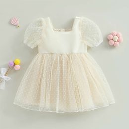 3-7Y Toddler Kids Girls Princess Short Puff Sleeve Dot Mesh Lace Layered Tulle Tutu Party Dress