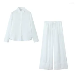 Women's Two Piece Pants Suit 2024 Fashion Summer Long Sleeve Linen Set For Women Ladies Shirt Casual Chic Wide Leg Pant