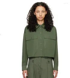 Women's Blouses Spring Work Shirt Big Pocket Green Long-sleeved Casual Short Coat Women