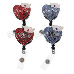 10PCS Lot Key Rings Retractable Nurse Accessories Medical Enamel Rhinestone Crystal Love Heart RN Shape ID Badge Reel Holder With Clip 279A