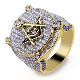 HIP Hop Micro Pave Zircon Masonic Signet Gold Ring Iced Out Full CZ Stone Round Ring for Male Women Free mason Ring Band 252L
