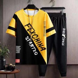 Men's Tracksuits Versatile Men Sportswear Summer Set O-neck T-shirt Elastic Waist Sweatpants With Pockets Letter For Active