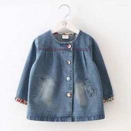 Jackets 2024 Autumn Spring Fashion 2 3 4 5 6 7 8 9 10 Years Children Baby Floral Button Patchwork Denim Blue Long Jacket For Kids Girls