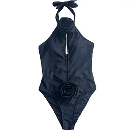 Women's Swimwear Sexy Flower Halter Black Women One Piece Swimsuit Cut Out Monokini High Bathing Suit Bodysuit Bather 2024 Swim