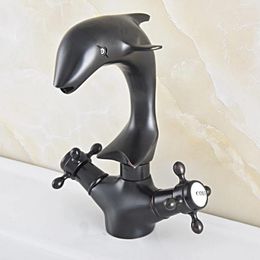 Kitchen Faucets Black Oil Rubbed Bronze Swivel Spout Dual Cross Handles Cute Animal Dolphin Style Bathroom Sink Faucet Mixer Tap Msf847