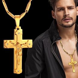 Big 14K Gold Necklace Chain 4 Size Golden Color Christian Jewelry Jesus Crucifix Mens Cross Pendant Necklace For Men