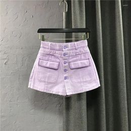 Women's Shorts 2024 Summer Fashion High Waist Korean Spliced Pocket Solid Colour Casual Wide Leg Trouser Skirts A-line Denim