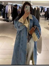 Women's Trench Coats Woman Winter 2024 Stylish Mid-Length Lamb Wool Denim Jacket Knee-Thick Cotton Shirt Coat