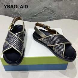 Casual Shoes Mixed Colour Women Sandals Weaved Cross Strap Peep Toe Thick Sole Platform Flats Gladiator Back Beach