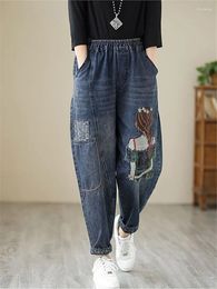 Women's Jeans Autumn Winter Retro Cartoon Girl's Embroidered Baggy Women's Loose Pockets Contrast Color Curling Harem Pants Female