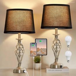 Table Lamps Lamp For Bedroom Set Of 2 With USB C A Ports Modern Bedside LED Bulbs Included (Silver) Valentine's Day Gift