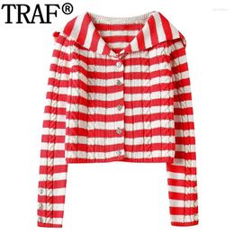 Women's Knits Cable Knitted Cardigan For Women Red Striped Knit Woman Long Sleeve Cropped Sweaters Spring Button Short