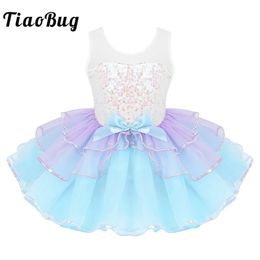 Kids Girls Sequins Ballet Tutu Dress Ballerina Sleeveless Bowknot Dance Dress Performance Dancewear Costume 240515