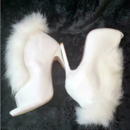 Sexy Ladies Peep toe Real Fox Fur wrapped Ankle Boots Platform Thin High Heels Fur Boots Women Street Runway Short Bottines