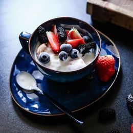 Cups Saucers Retro Blue Ceramic Cup And Saucer Breakfast Mug Household Western Food Plate Milk Oatmeal Fruit Dalad