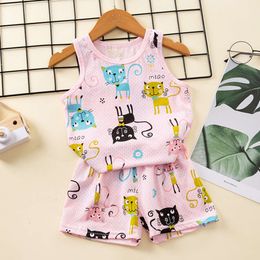 Summer Cartoon Cat Pamas Vest+Shorts 2-Piece Clothing Set Kids Baby Boys Girls Cotton Casual Tracksuit Clothes Suit 1-8 Years L2405