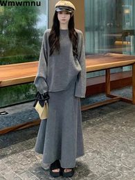 Work Dresses Korean Sweet Knitwear Skirts Outfits Chic Elegant Full Sleeve Top Conjuntos Casual Cute Mid-length Saias Suit Two Piece Set