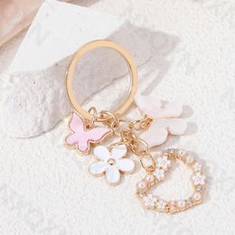 Heart Flowers Pretty Butterfly Enamel Keychain Plant Flying Insect Key Ring For Women Girl Friendship Gift Handmade Jewellery Set