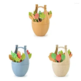 Forks Children's Wheat Straw Fruit Fork With Storage Bucket Bento Box Decorated Cocktail Dessert Mini Toothpick