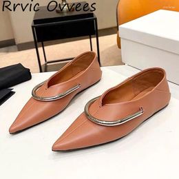 Casual Shoes 2024 Women Flat Bottom Loafers Spring Autumn Pointed Toe Metal Ring Decor Genuine Leather Vacation Walking Lazy Mules