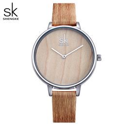 Shengke New Creative Women Watches Casual Fashion Wood Leather Watch Simple Female Quartz Wristwatch Relogio Feminino 2536