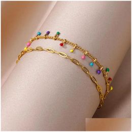 Anklets For Women Summer Beach Accessories Boho Colorf 14K Yellow Gold Two Layer Chain Anklet Leg Bracelets Fashion Jewellery Drop Deliv Ot2Iu