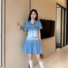 Women's Suits & Blazers Mm24 Summer Fashion Letter Temperament Trend Personality Gradient Denim Toppleated Skirt Set