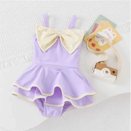 One-Pieces One-Pieces 2024 New Womens Swimsuit Baby Cute Fashion Sling One piece Swimsuit Summer Childrens Bow Tie Sleeveless Beach Bikini Dress 2-8Y WX5.23