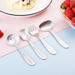 Dinnerware Sets Withered 304 Stainless Steel Children's Tableware Set Forks And Spoons Thickened Slanted Handle Sandblasted Laser