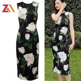 Casual Dresses ZALady Fashion Runway Summer Rose Flower Print Skinny Slim Knee-length For Women Zevity Holiday Elegant Party Dress