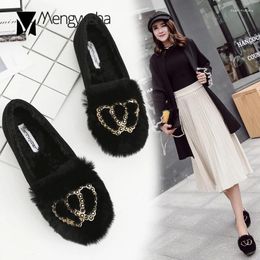 Casual Shoes Rhinestone Double Heart Furry Flats Suede Shallow Loafers Slip On Moccasins Solid Color Winter Women Plus Size 41