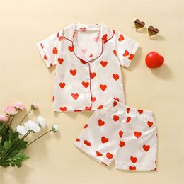 1-6Y Kids Girls Pama Sets Heart Print Turn-Down Collar Short Sleeve Tops Elastic Waist Shorts 2Pcs Suit Pyjama Nightwear L2405