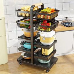 Kitchen Storage Metal Wire Black Baskets Pan And Pot Lid Shelf Organiser Steel Cart Fruit Vegetable Trolley With Wheels Rack