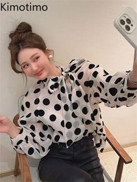 Women's Blouses Kimotimo Polka Dot Long Sleeve Chiffon Blouse Women 2024 Bow Lace Up Collar Transparent Design Tops Elegant Loose Shirt Ins