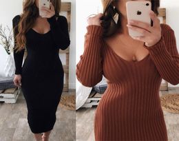 Sexy Vneck Knitted Sweater Dress Women Long Sleeve Midi Bodycon Dress Black White Red Stretchy Knitted Winter vestidos4604982