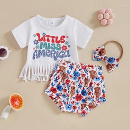 Clothing Sets FOCUSNORM 0-3Y Lovely Baby Girls Summer Clothes Set 3pcs Letter Print Tassel Short Sleeve T-Shirt And Cow Floral Shorts