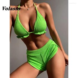 Women's Swimwear Solid Colour Swimsuit 2024 Ribbed Two Pieces Bikini Set Lace Up Middle Waist Female Sexy Backless Bathing Suit Women
