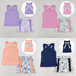 Clothing Sets Wholesale Summer Children Infant Flower Outfits Toddler Sleeveless Bow Cotton Tops Kids Ruffle Shorts Baby Girls Two Pieces