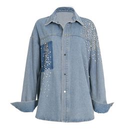 Fashion Denim Jacket Blouse For Women Sexy Casual Street Clothing Plus Size Rhinestone Denim Jacket Vintage Autumn Top 240131