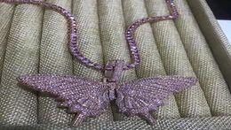 14K Iced Out Butterfly Pendant Necklace Mens Pink Chain Pendants Diamond Butterfly Necklace Rapper Singer Jewelry3624183