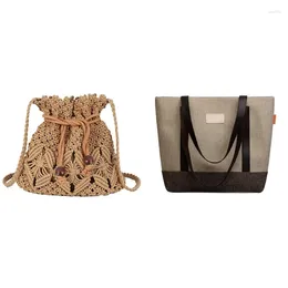 Shoulder Bags ASDS-Women Bucket Woven Bag Straw Drawstring Khaki & Net Red Wild Messenger Female Atmosphere Handbag