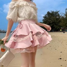 Skirts Ladies Lace Splicing Sexy Mini Skirt Womens Korean Fashion Casual Pleated Female Girls Lolita Cute Black Fluffy