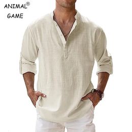 Mens Cotton T Shirts Linen Casual Long Sleeve Button Down Shirt Loose Collar Solid Color Tops S-5XL 240524