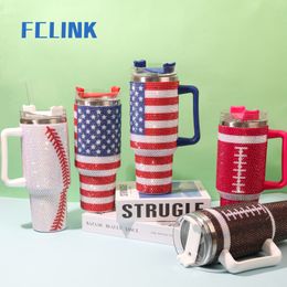 1pc US warehouse 40 oz Rhinestone Stainless Steel Tumbler with Lid and Straw Multipurpose Insulated Travel Mug for Hot and Cold Drinks Durable Diamond Flag Series