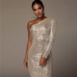One Shoulder Shiny Sexy Cocktail Dresses Long Sleeve Sequined Women Party Wear Special Occasion Gowns Cheap 184e