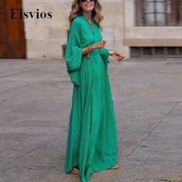 Basic Casual Dresses Autumn Elegant Flare Slve Bohemia Long Dress Sexy V Neck Loose Beach Maxi Dress Fashion Lattice Print Women Pleat Party Dress T240523