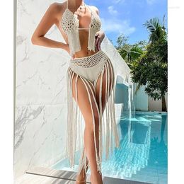 Women's Swimwear Two Piece Knit Crochet Swimsuits For Women 2024 Beachwear Push Up Halter Tie Tassel Bra With Bottom Cover Bikini Dttn