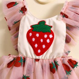 0-18M Princess Baby Girls Summer Romper Dress Strawberry Embroidery Fly Sleeve Mesh Tulle Jumpsuits Bow Headband