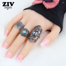 Cluster Rings 3PCS Bohemian Flower Hollow Out Set Women Ethnic Vintage Carved Stone Ring Bijoux Bague